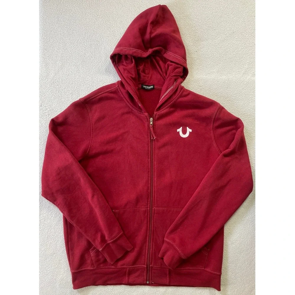 True Religion Mens Large Zip Hoodie Red Buddha Logo Back Graphic Sweatshirt